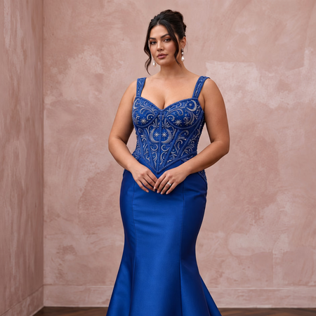 Plus Size Royal Blue Silk Mikado Basque Waist Trumpet Gown
