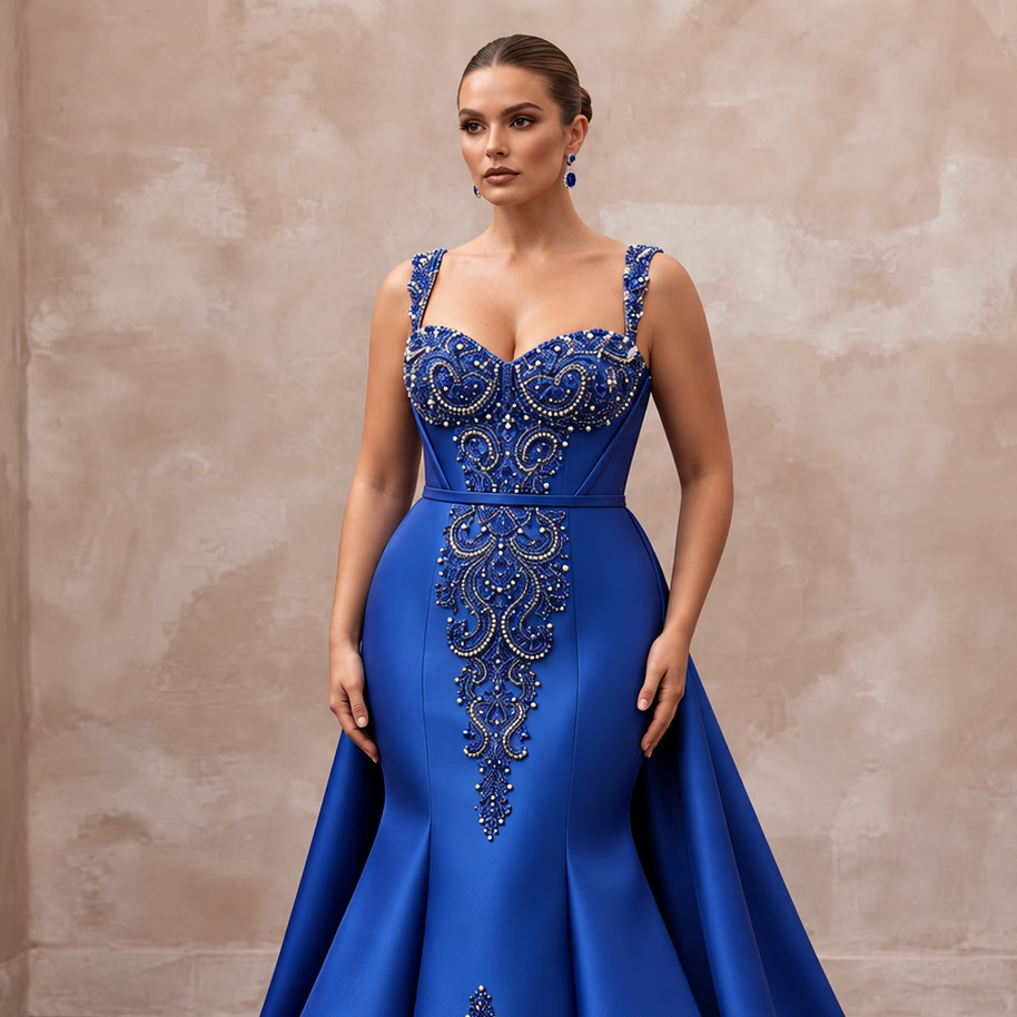 Plus Size Royal Blue Silk Mikado Trumpet Gown for Red Carpet