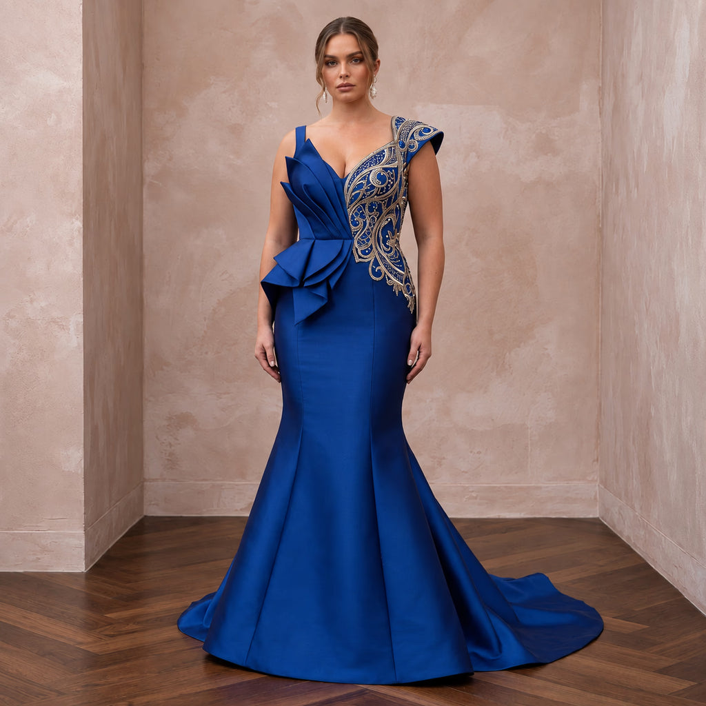 Plus Size Royal Blue Silk Mikado Trumpet Gown for Red Carpet Event - Apparel & Accessories > Clothing > Wedding & Bridal Party Dresses > Wedding Dresses - Mignonette Bridal