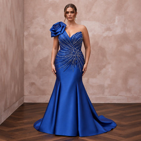 Plus Size Royal Blue Silk Mikado Trumpet Gown for Red Carpet Event