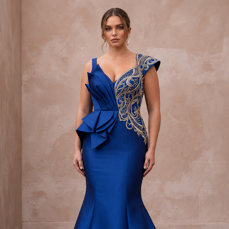 Plus Size Royal Blue Silk Mikado Trumpet Gown for Red Carpet Event - Apparel & Accessories > Clothing > Wedding & Bridal Party Dresses > Wedding Dresses - Mignonette Bridal