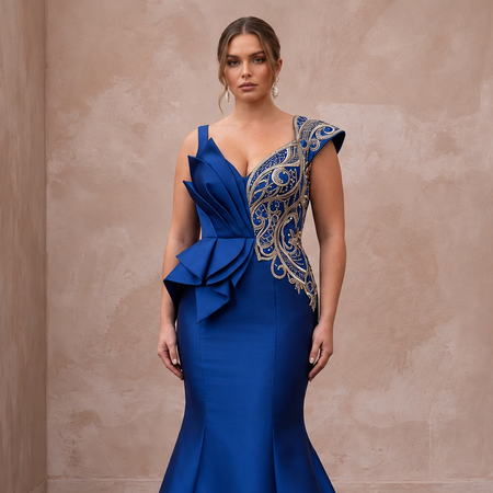 Plus Size Royal Blue Silk Mikado Trumpet Gown for Red Carpet Event - Apparel & Accessories > Clothing > Wedding & Bridal Party Dresses > Wedding Dresses - Mignonette Bridal