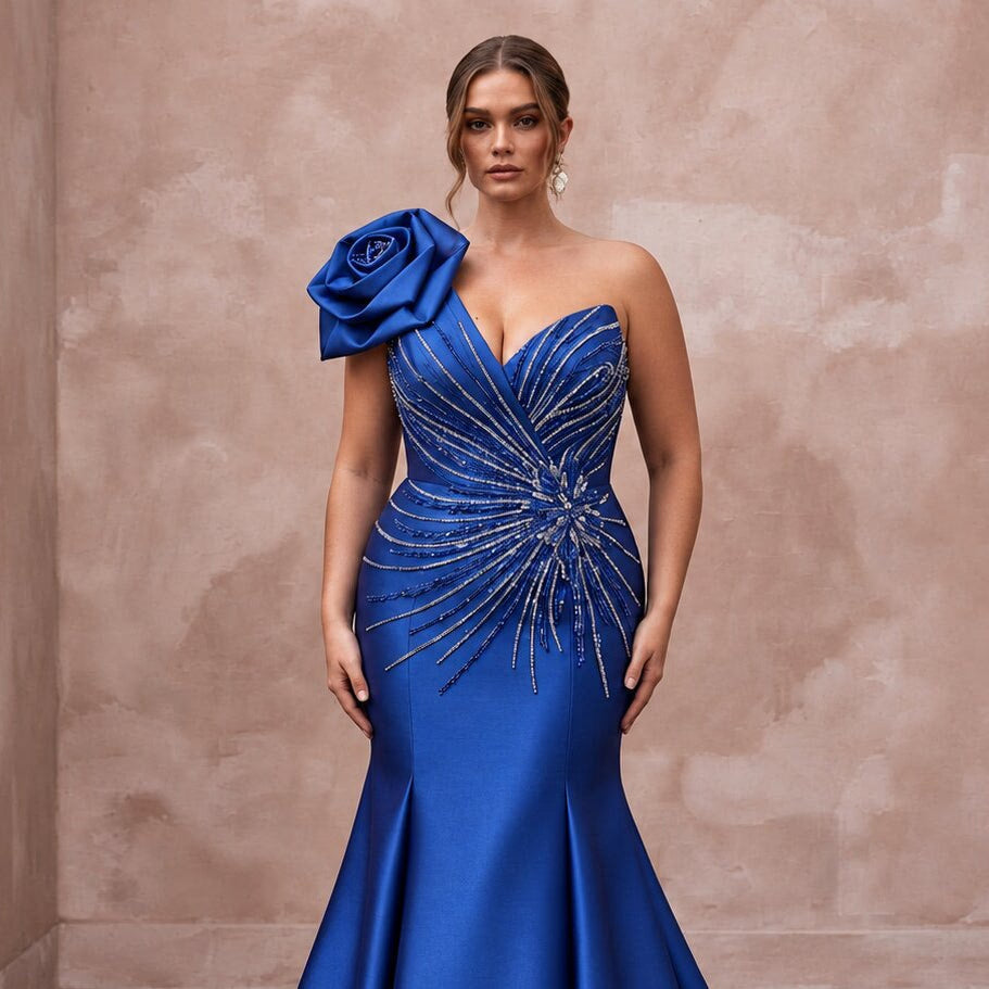 Plus Size Royal Blue Silk Mikado Trumpet Gown for Red Carpet Event