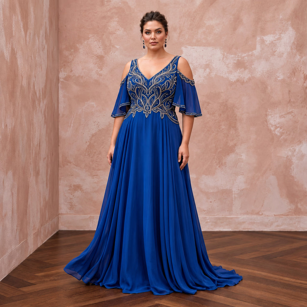 Plus Size Sapphire Blue Chiffon Cold Shoulder Flowing Maxi Dress - Apparel & Accessories > Clothing > Wedding & Bridal Party Dresses > Wedding Dresses - Mignonette Bridal