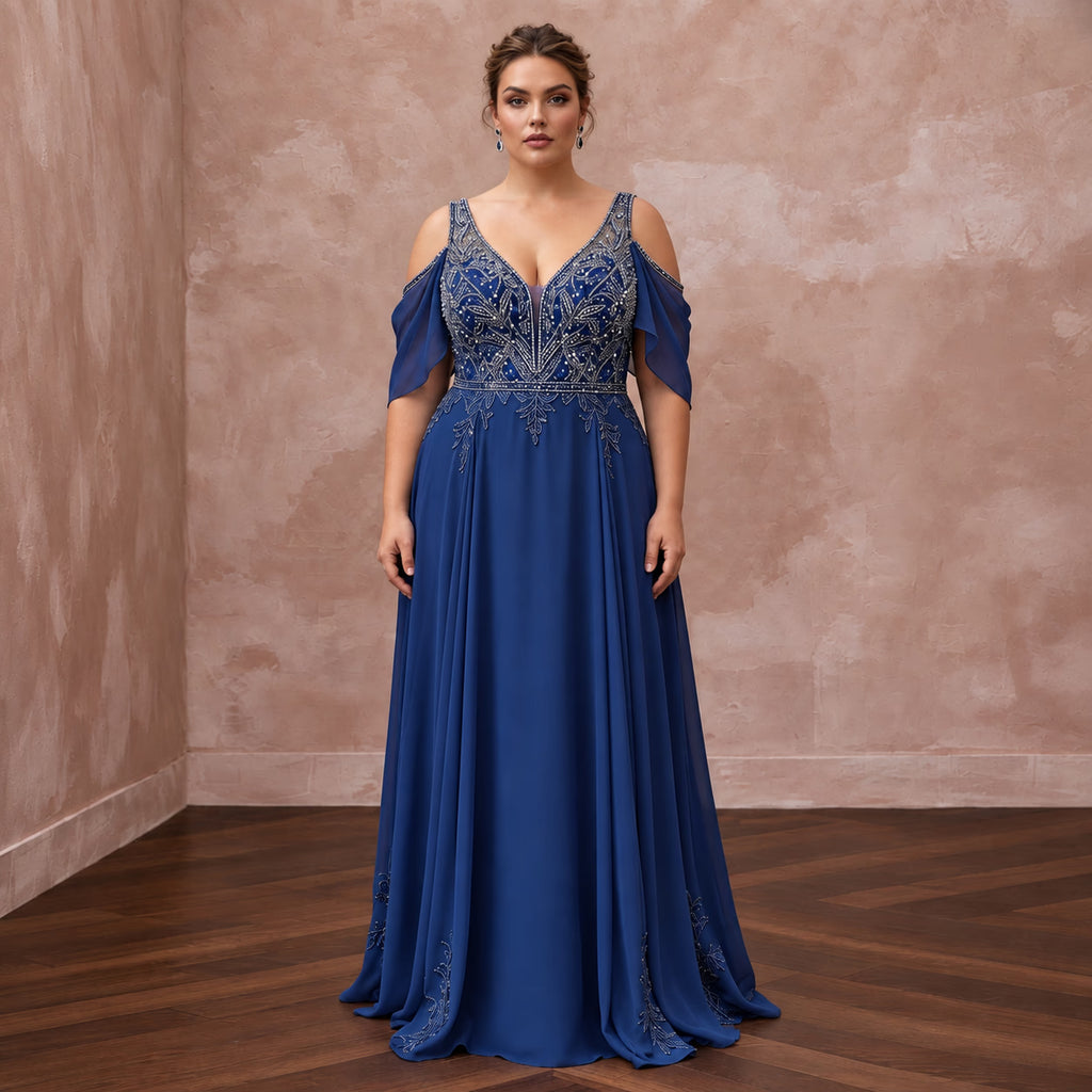 Plus Size Sapphire Blue Chiffon Cold Shoulder Flowing Maxi Dress