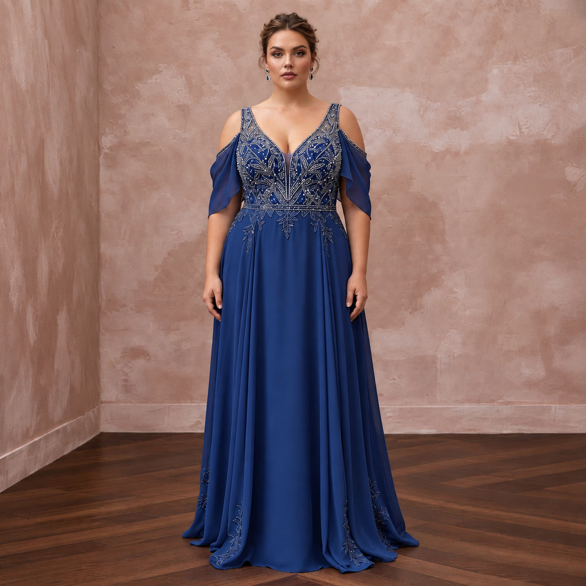 Plus Size Sapphire Blue Chiffon Cold Shoulder Flowing Maxi Dress