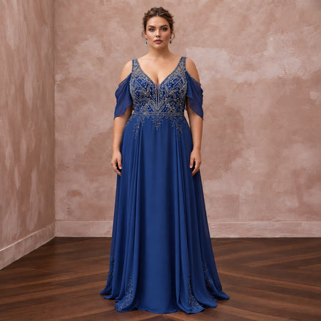 Plus Size Sapphire Blue Chiffon Cold Shoulder Flowing Maxi Dress