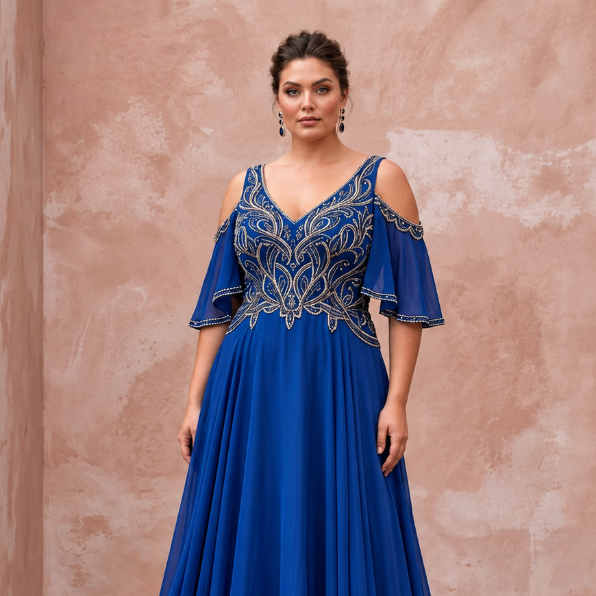 Plus Size Sapphire Blue Chiffon Cold Shoulder Flowing Maxi Dress - Apparel & Accessories > Clothing > Wedding & Bridal Party Dresses > Wedding Dresses - Mignonette Bridal