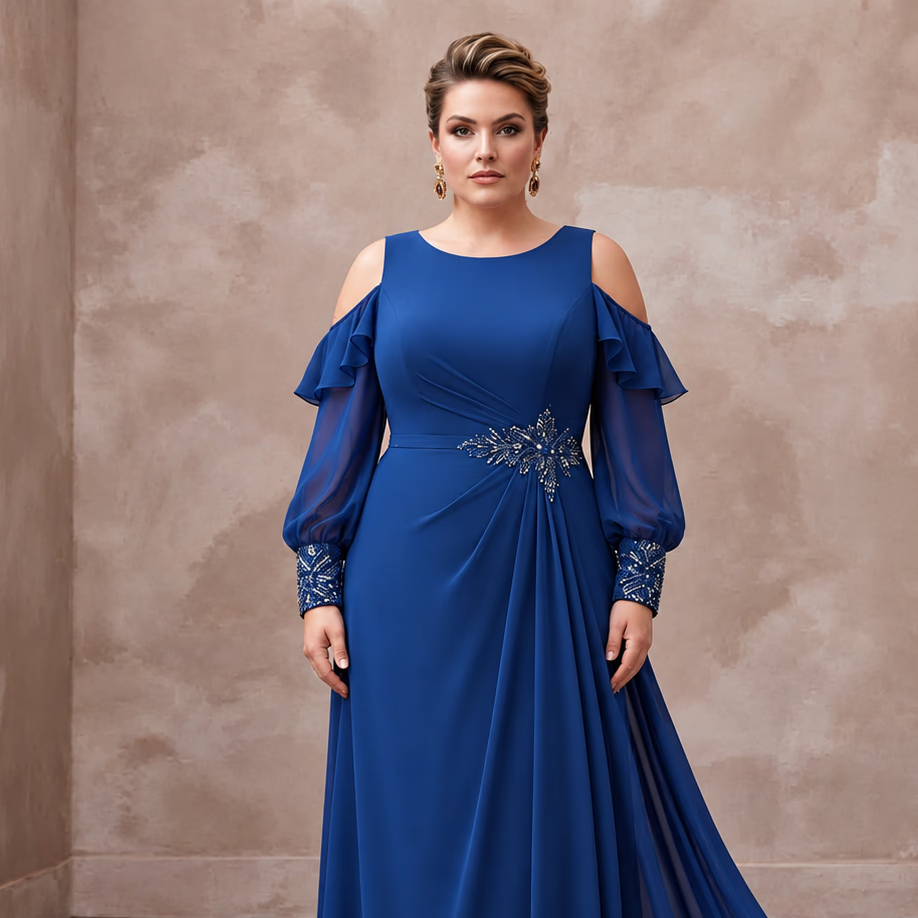Plus Size Sapphire Blue Chiffon Cold Shoulder Flowing Maxi Dress