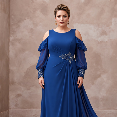 Plus Size Sapphire Blue Chiffon Cold Shoulder Flowing Maxi Dress