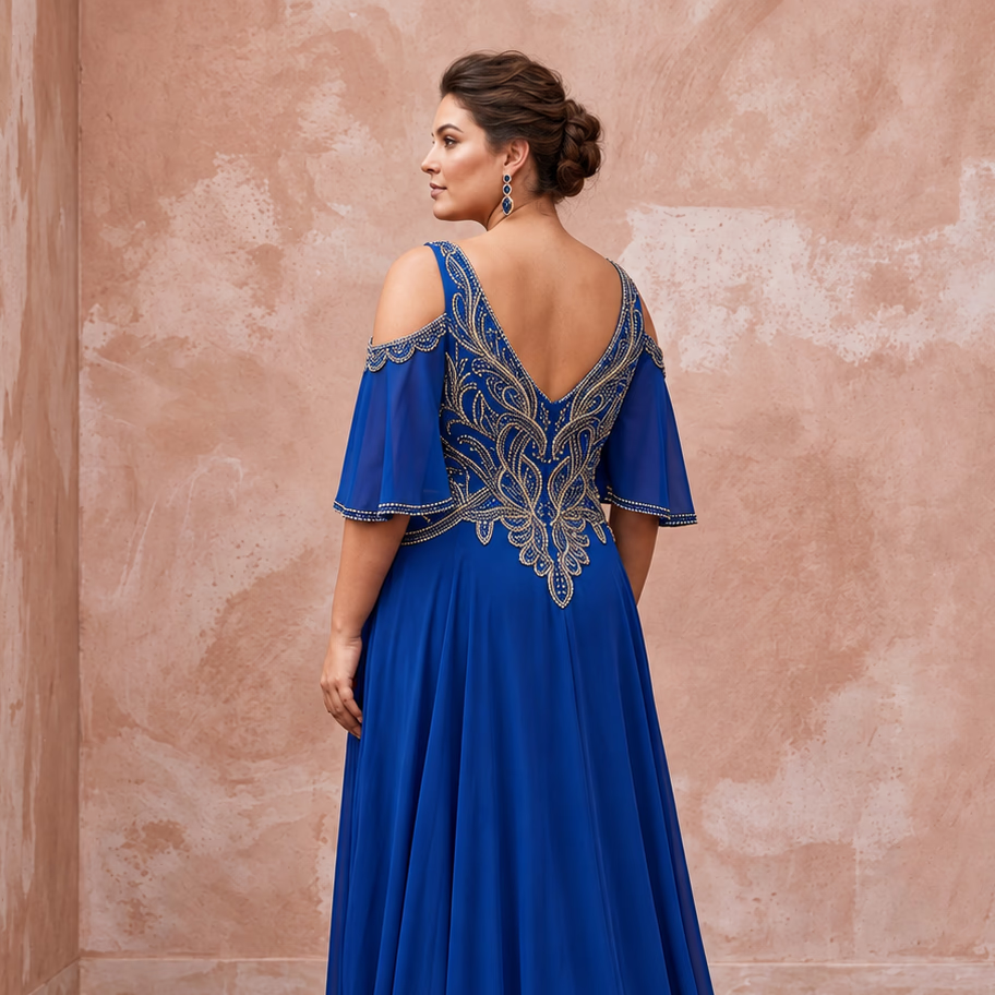 Plus Size Sapphire Blue Chiffon Cold Shoulder Flowing Maxi Dress - Apparel & Accessories > Clothing > Wedding & Bridal Party Dresses > Wedding Dresses - Mignonette Bridal