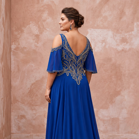 Plus Size Sapphire Blue Chiffon Cold Shoulder Flowing Maxi Dress - Apparel & Accessories > Clothing > Wedding & Bridal Party Dresses > Wedding Dresses - Mignonette Bridal