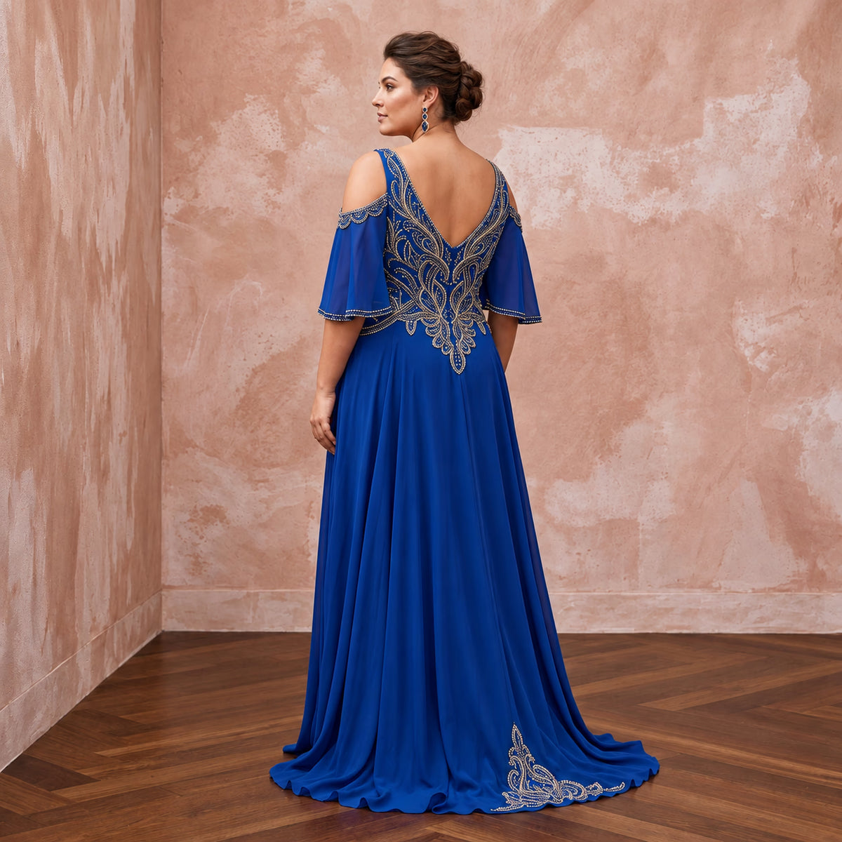Plus Size Sapphire Blue Chiffon Cold Shoulder Flowing Maxi Dress - Apparel & Accessories > Clothing > Wedding & Bridal Party Dresses > Wedding Dresses - Mignonette Bridal