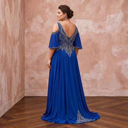Plus Size Sapphire Blue Chiffon Cold Shoulder Flowing Maxi Dress - Apparel & Accessories > Clothing > Wedding & Bridal Party Dresses > Wedding Dresses - Mignonette Bridal