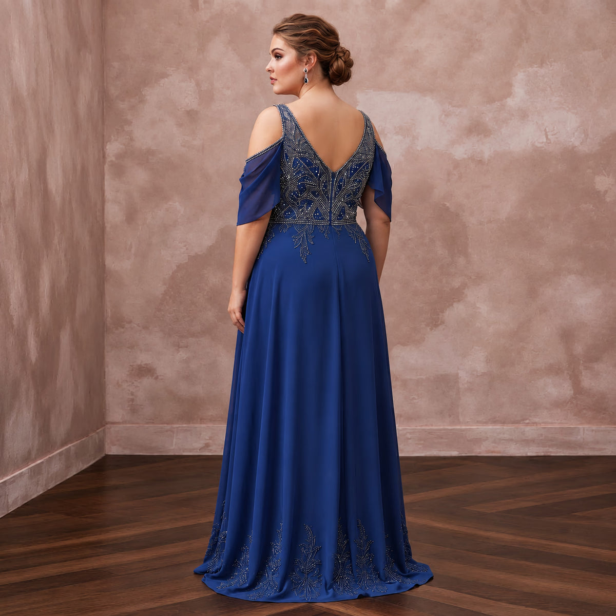 Plus Size Sapphire Blue Chiffon Cold Shoulder Flowing Maxi Dress