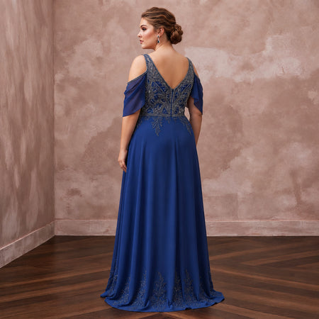 Plus Size Sapphire Blue Chiffon Cold Shoulder Flowing Maxi Dress