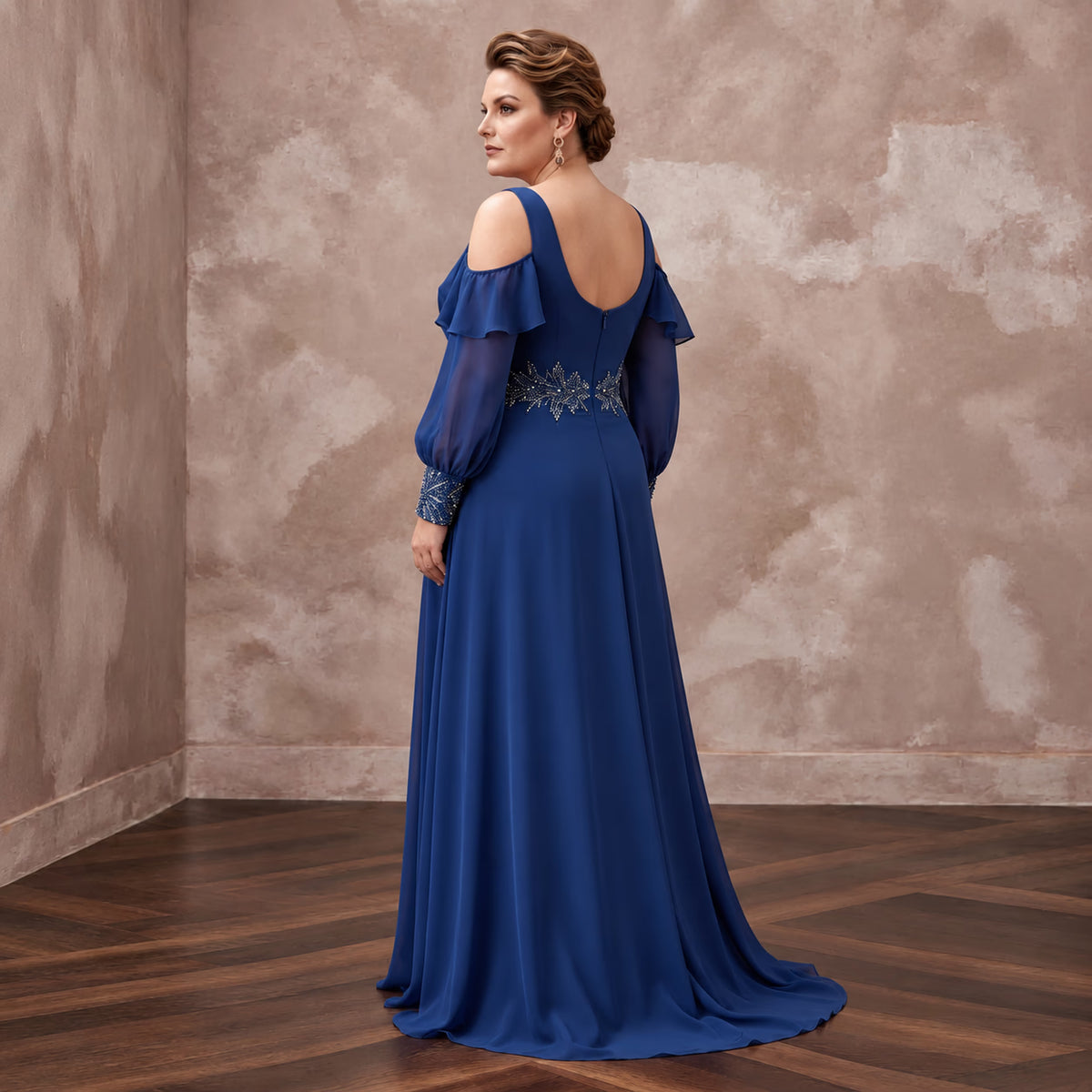 Plus Size Sapphire Blue Chiffon Cold Shoulder Flowing Maxi Dress