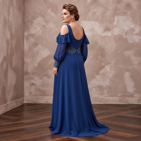 Plus Size Sapphire Blue Chiffon Cold Shoulder Flowing Maxi Dress