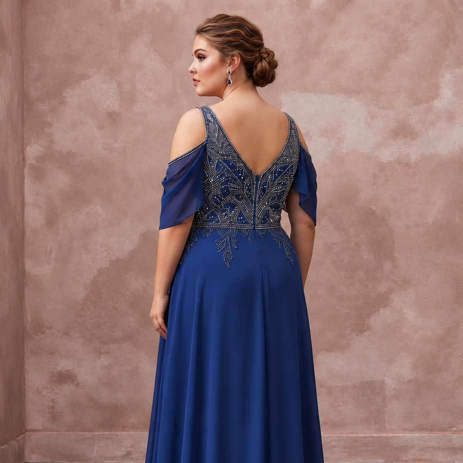 Plus Size Sapphire Blue Chiffon Cold Shoulder Flowing Maxi Dress