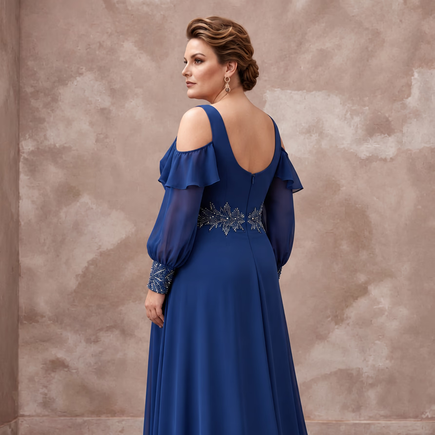 Plus Size Sapphire Blue Chiffon Cold Shoulder Flowing Maxi Dress