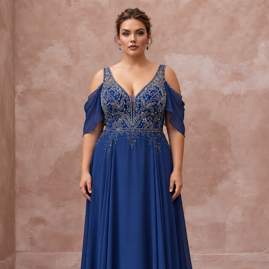 Plus Size Sapphire Blue Chiffon Cold Shoulder Flowing Maxi Dress