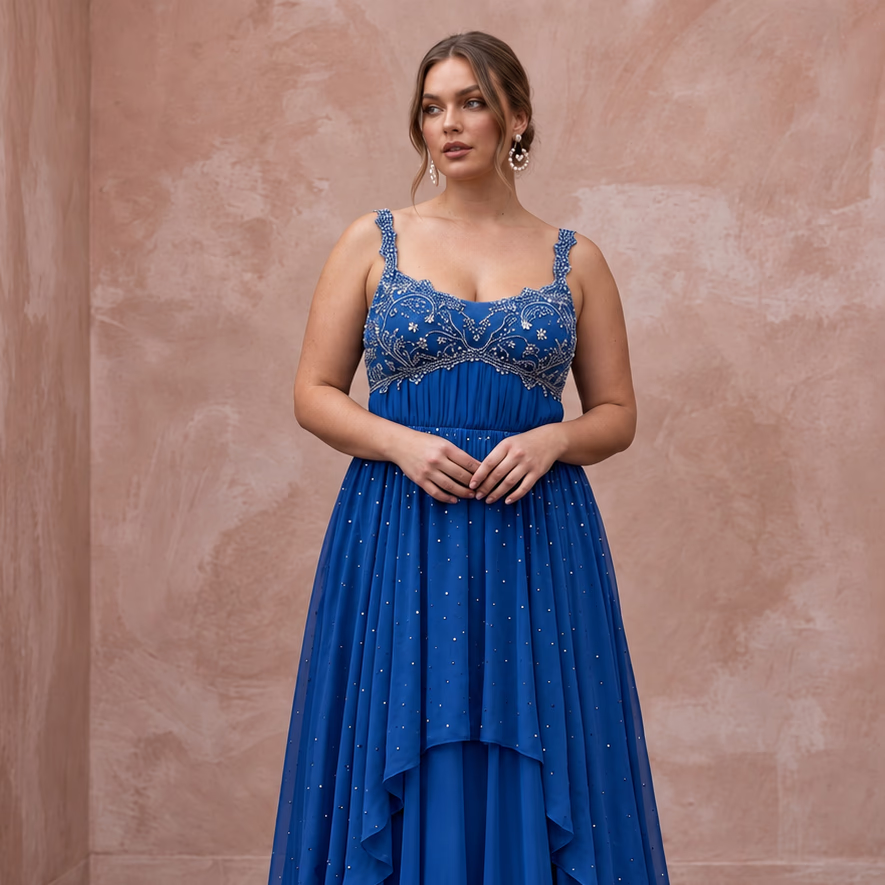 Plus Size Sapphire Blue Chiffon Empire Waist Flowing Prom Gown