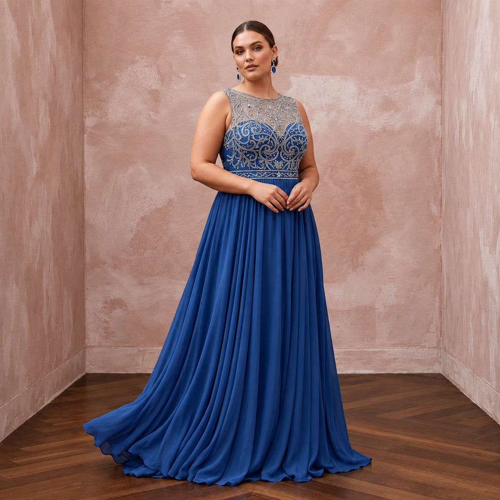 Plus Size Sapphire Blue Chiffon Empire Waist Flowing Prom Gown