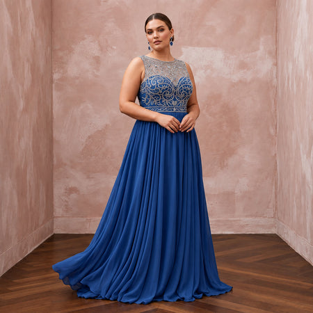 Plus Size Sapphire Blue Chiffon Empire Waist Flowing Prom Gown
