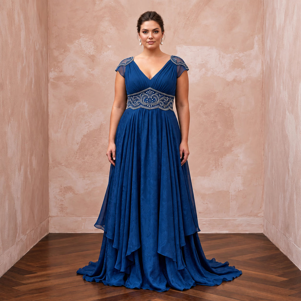 Plus Size Sapphire Blue Chiffon Empire Waist Flowing Prom Gown