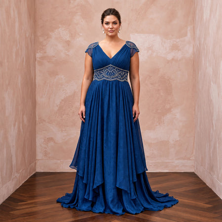 Plus Size Sapphire Blue Chiffon Empire Waist Flowing Prom Gown
