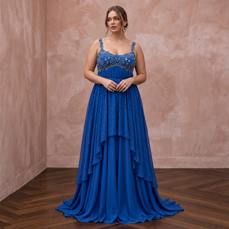 Plus Size Sapphire Blue Chiffon Empire Waist Flowing Prom Gown