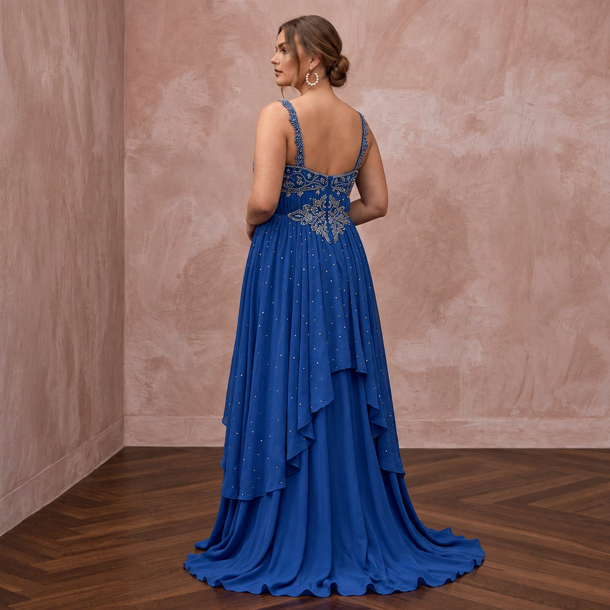Plus Size Sapphire Blue Chiffon Empire Waist Flowing Prom Gown