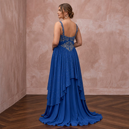 Plus Size Sapphire Blue Chiffon Empire Waist Flowing Prom Gown