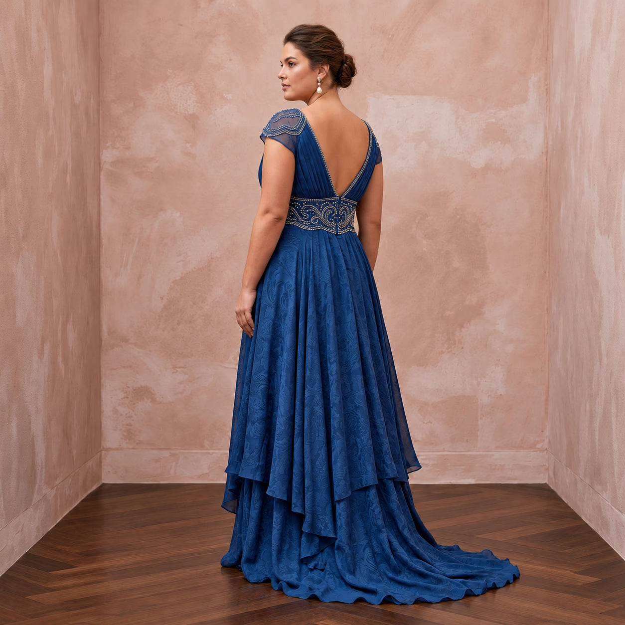 Plus Size Sapphire Blue Chiffon Empire Waist Flowing Prom Gown Secondary image