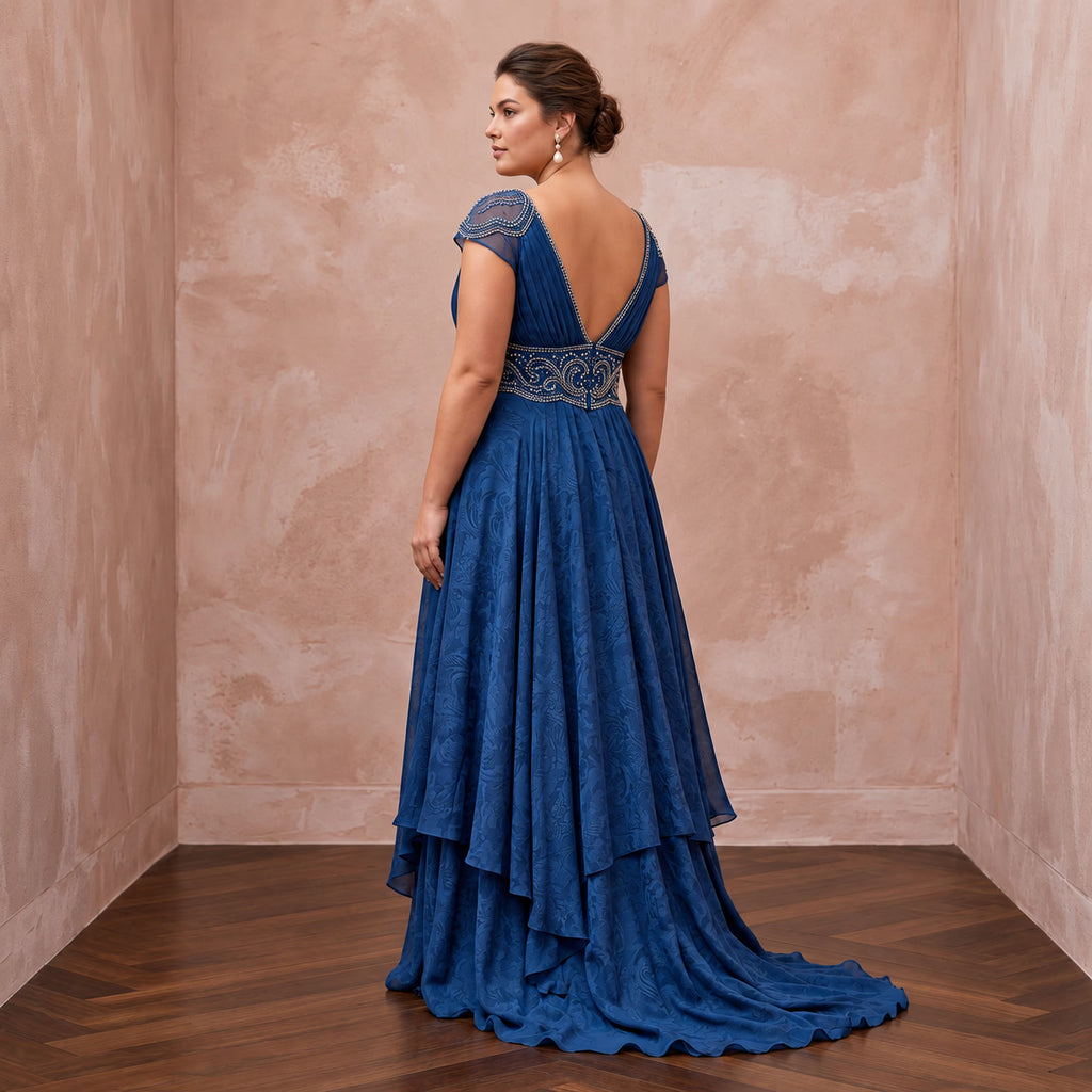 Plus Size Sapphire Blue Chiffon Empire Waist Flowing Prom Gown
