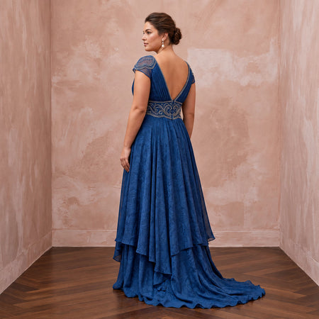 Plus Size Sapphire Blue Chiffon Empire Waist Flowing Prom Gown