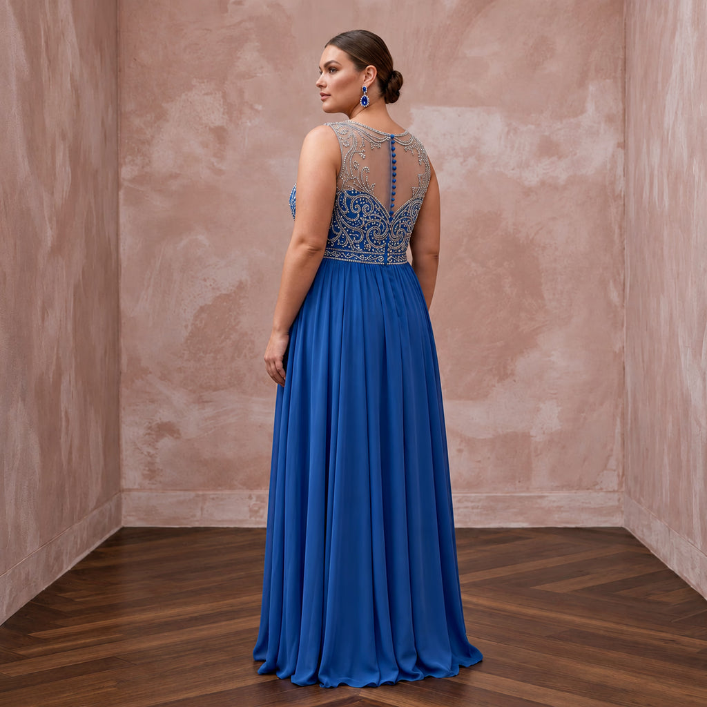 Plus Size Sapphire Blue Chiffon Empire Waist Flowing Prom Gown