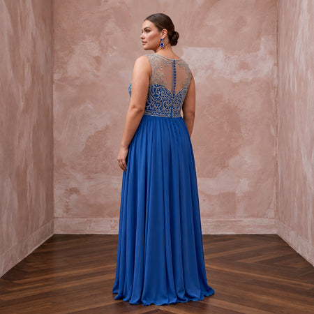 Plus Size Sapphire Blue Chiffon Empire Waist Flowing Prom Gown