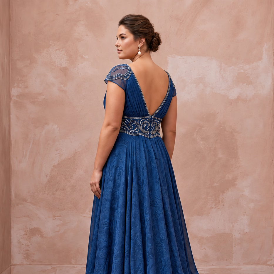 Plus Size Sapphire Blue Chiffon Empire Waist Flowing Prom Gown