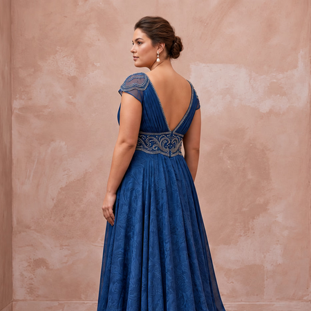 Plus Size Sapphire Blue Chiffon Empire Waist Flowing Prom Gown