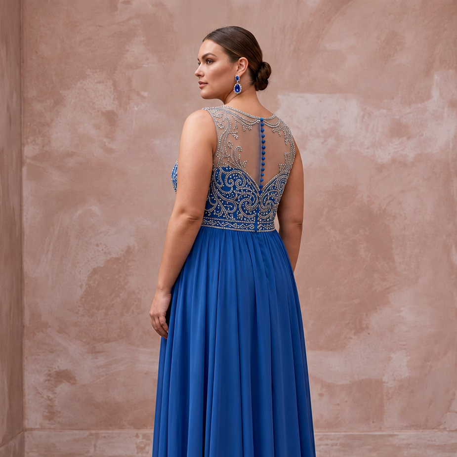 Plus Size Sapphire Blue Chiffon Empire Waist Flowing Prom Gown