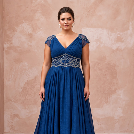 Plus Size Sapphire Blue Chiffon Empire Waist Flowing Prom Gown
