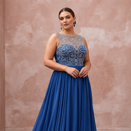 Plus Size Sapphire Blue Chiffon Empire Waist Flowing Prom Gown