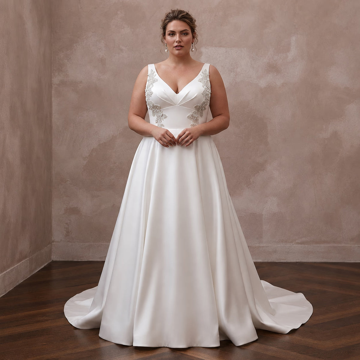 Plus Size Satin A - Line Wedding Dress with V - Neck - Apparel & Accessories > Clothing > Wedding & Bridal Party Dresses > Wedding Dresses - Mignonette Bridal Main image