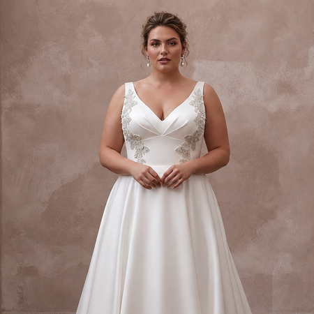 Plus Size Satin A - Line Wedding Dress with V - Neck - Apparel & Accessories > Clothing > Wedding & Bridal Party Dresses > Wedding Dresses - Mignonette Bridal