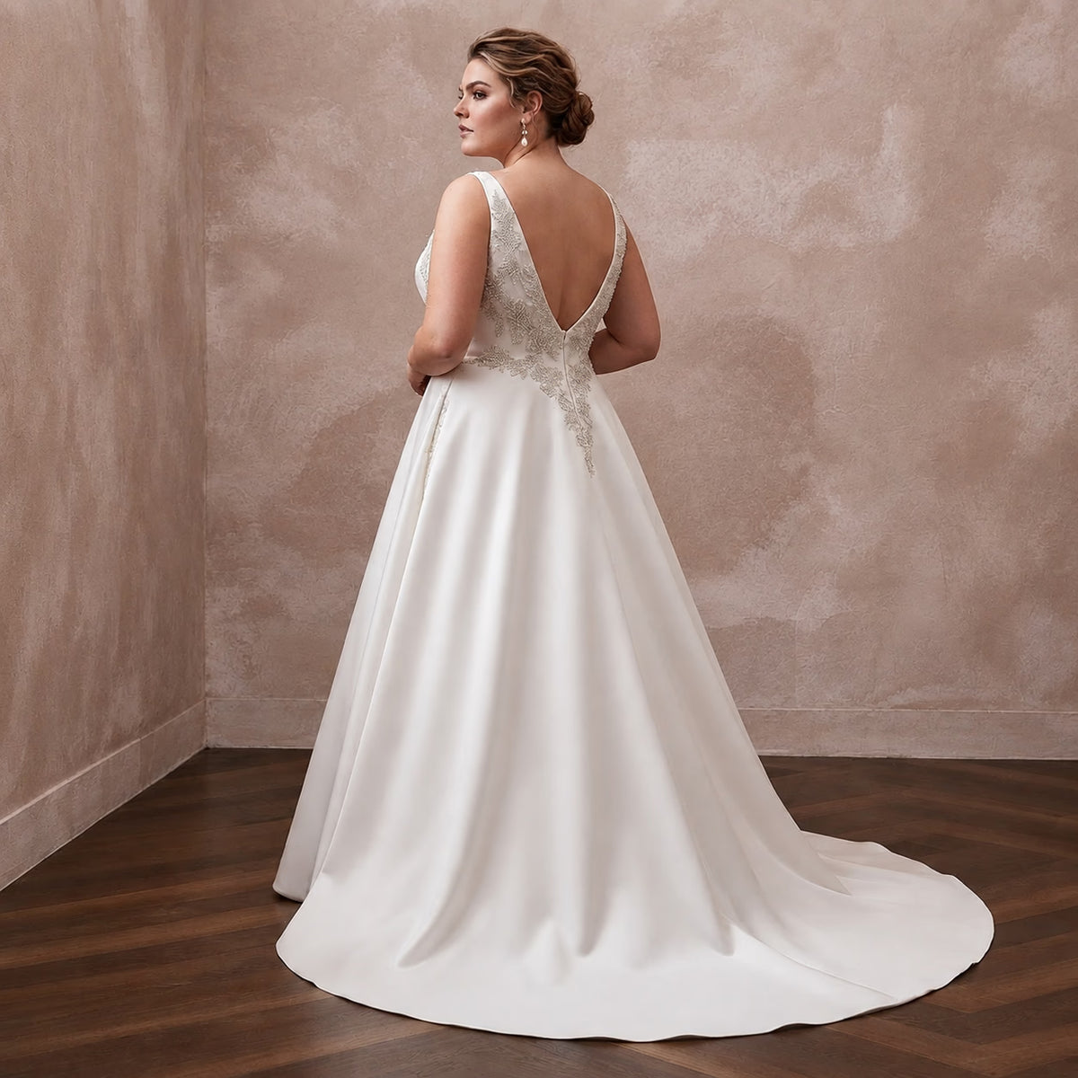 Plus Size Satin A - Line Wedding Dress with V - Neck - Apparel & Accessories > Clothing > Wedding & Bridal Party Dresses > Wedding Dresses - Mignonette Bridal