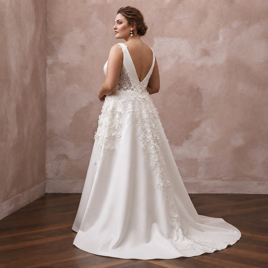 Plus Size Satin A-Line Wedding Dress with V-Neck