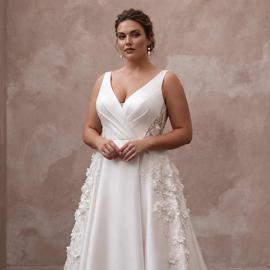 Plus Size Satin A-Line Wedding Dress with V-Neck