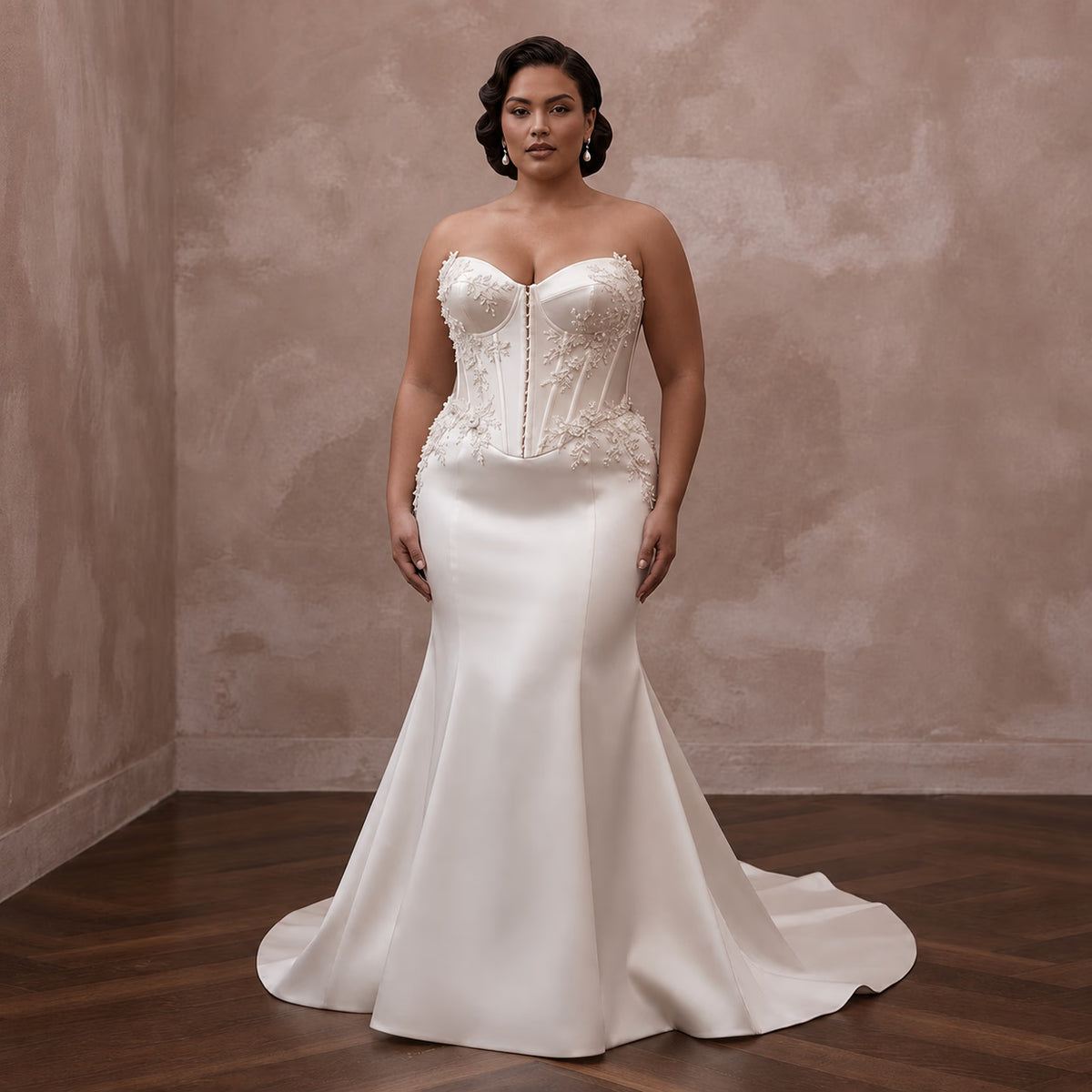 Plus Size Satin Mermaid Wedding Dress with Corset Bodice - Apparel & Accessories > Clothing > Wedding & Bridal Party Dresses > Wedding Dresses - Mignonette Bridal Main image
