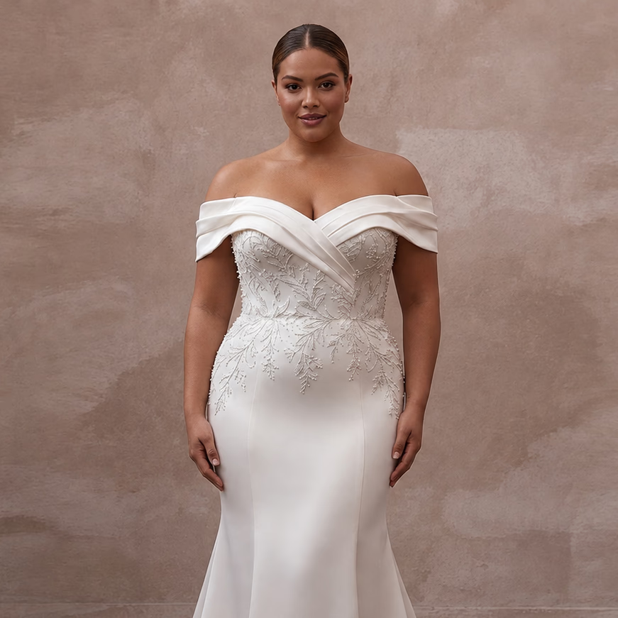 Plus Size Satin Mermaid Wedding Dress with Off-the-Shoulder Neckline
